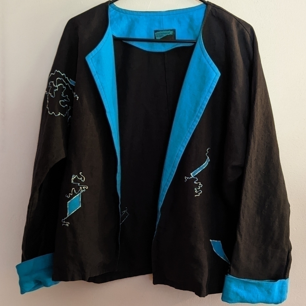 Vintage 80s/90s Embroidered Jacket Black and Turquoise Large